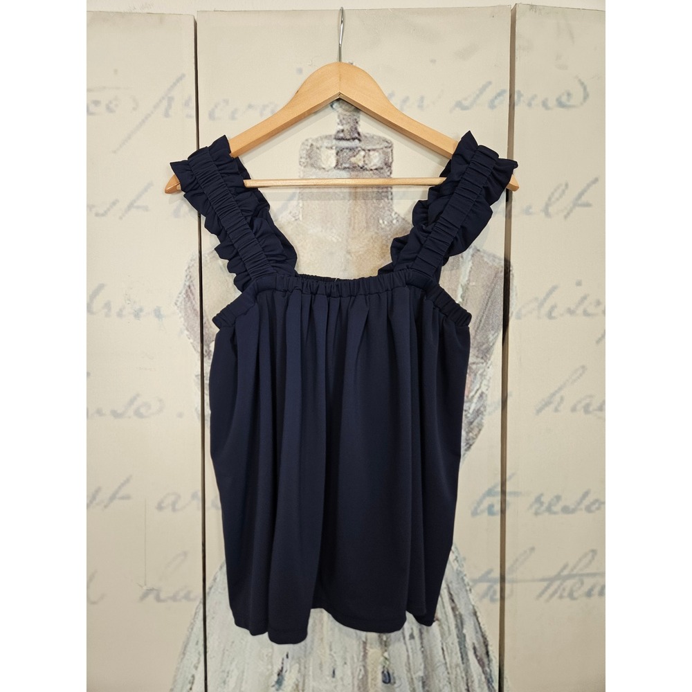 Jude Connally Ruffle Strap Tank Top S Navy Blue Smocked‎ Square Neck Sleeveless
